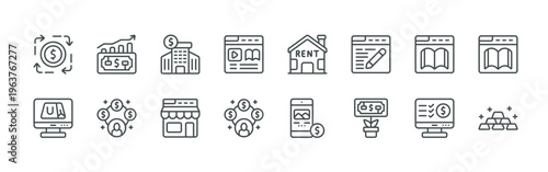 bundle of 16 thin line passive income icons such as rlyyy#005 cash flow, 2gxse#009 ecommerce, hiul4#010 financial profit, aqtsp#015 income, mzyvh#002 broker, nb42c#020 online store, lp8zi#018