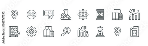 bundle of 16 thin line oil industry icons such as qxuvu#024 oil, xswem#028 report, btyfr#015 no smoking, anqdu#023 oil, pexxt#019 oil price, oeiir#030 storage tank, tu46a#002 chemical,