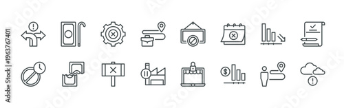 bundle of 16 thin line workplace closure icons such as 2xc1t#049 uncertainty, jdqkv#046 temporary business closure, ac9m5#039 retirement, skkuu#023 insolvency, 5dugv#007 cease of activity,