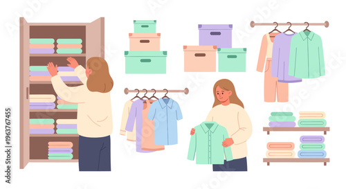 Woman organizing clothes in a closet, flat illustration style