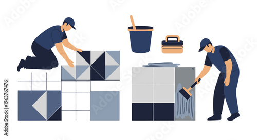 Tiling process, tiler laying tiles and applying grout, flat illustration