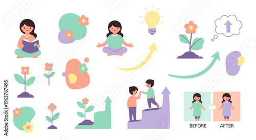 Flat Style Vector Icons: Personal Growth, Learning, and Development