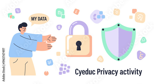 Privacy Activity: Person protecting data with lock and shield, flat style