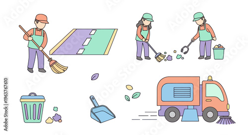 Flat vector illustration of sanitation workers and street sweeper
