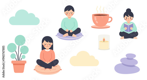 Relaxing Meditation Scene with People, Plants, and Zen Stones - Flat Art