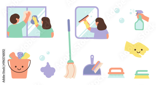 Flat Style Cleaning Supplies and People Washing Windows Vector