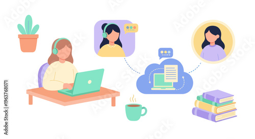 Flat illustration of online learning and remote work with people and cloud