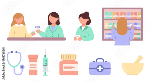 Flat Illustration of Pharmacists and Medical Supplies in Healthcare