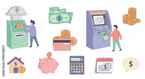 Financial Icons: ATM, Piggy Bank, Calendar, Calculator, Credit Card, House, Money