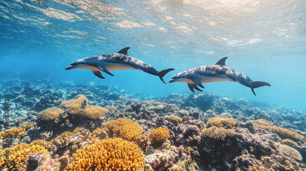 Naklejka premium Dolphins swim over vibrant coral reef