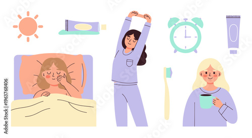 Flat vector illustration of people waking up and morning routine