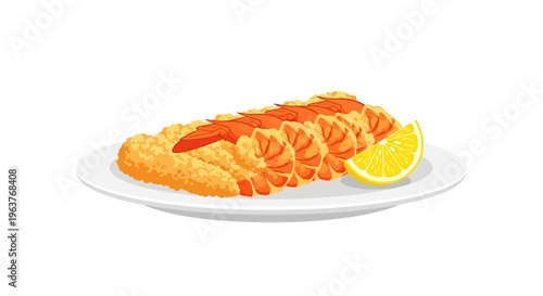 Fried Shrimp Tempura with Lemon Slice on a Plate,"
