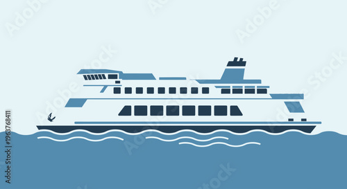Illustration of a modern ferry boat sailing on calm blue water.,"