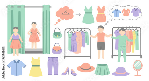 Flat Style People Choosing Clothes in Dressing Room and Wardrobe