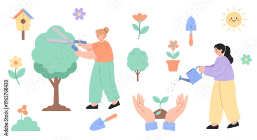 Flat Style Illustration of Gardening Activities with People and Plants