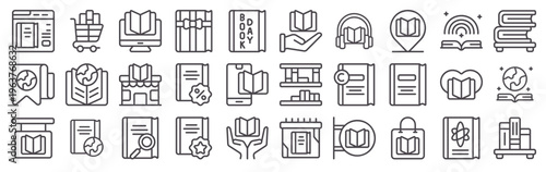 Set of 30 book and reading clean thin line vector icons including bookshop, library, ebook, audiobook, bookstore, bestseller, lesson, copyright, bookmark