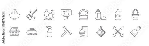 pack of 16 clean thin line cleaning icons including bfpnw#050 sink, wg3az#025 laundry basket, jbbzw#002 broom, dcejj#016 cleaning brush, mbeju#001 washing plate, 8jfm6#004 disinfectant,
