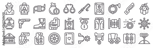 Set of 30 cowboy and western themed clean thin line vector icons including bandit, wheel, poker, money, trouser, hay, holster, sheriff, revolver, saddle
