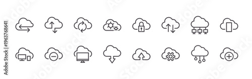 pack of 16 clean thin line cloud storage icons including cloud account, cloud computer, cloud access, delete, cloud data, cloud computer, cloud settings, cloud dowload,