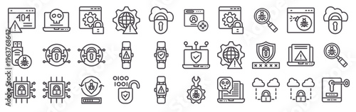 Set of 30 cyber security clean thin line vector icons including encryption, hacker, vulnerability, cloud storage, password, smartwatch, monitoring, and processor