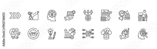 pack of 16 clean thin line digital transformation icons including aym8n#016 fast forward, vbleb#013 problem solving, 0espf#004 challenge, at4m7#006 retargeting, cwvvq#026 knowledge, p6xxz#019