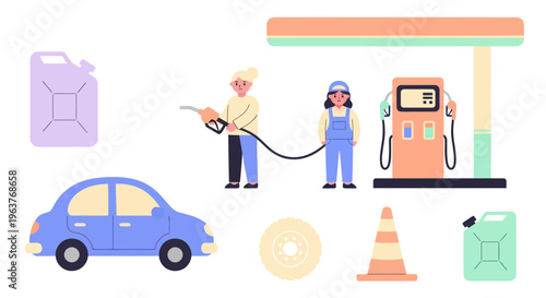 Flat Illustration of Gas Station with Car, Fuel Cans, and Attendants