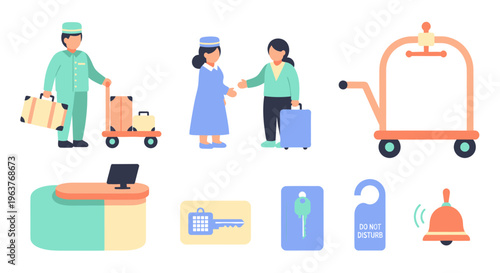 Flat Hotel Service Icons: Bellboy, Receptionist, Luggage Cart, Keycard, Bell
