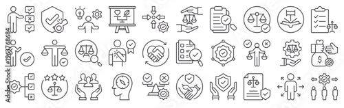 Set of 30 ethics and compliance thin line icons including decision, moral, integrity, training, accountability, transparency, review, trustworthy, conduct, policy, responsibility, values