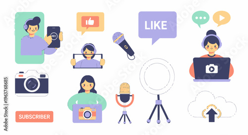 Flat Vector Icons of Social Media Content Creation Tools and Elements