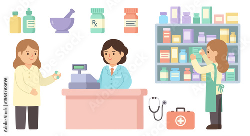 Pharmacy scene with pharmacist, customer, and medical supplies in flat style