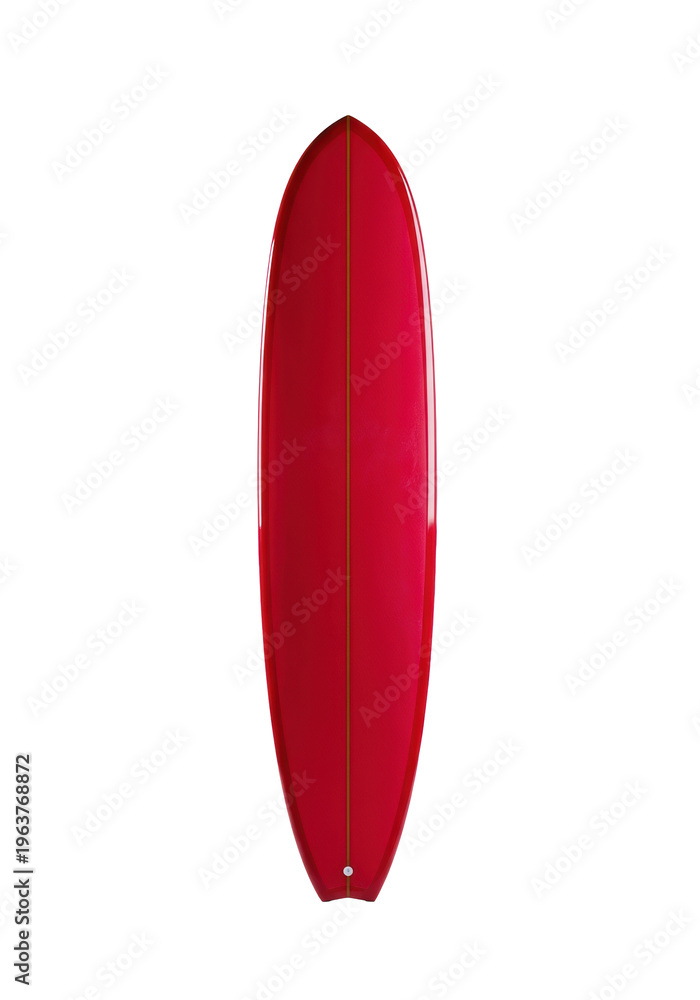 Fototapeta premium a centered, flawless crimson red vintage longboard surfboard with a reflective lacquer finish, standing vertically against a high-key white studio backdrop with copy space, high-end commercial