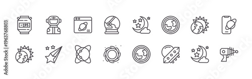 pack of 16 clean thin line space icons including jebvw#007 cryogenic, 9jf8r#010 eclipse, ewmzc#002 astronaut, ggfzs#029 stars, oiuvy#006 browser, 4v5hb#023 satellite, mtyo1#012 helemt, aa4xr#005