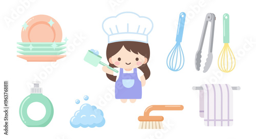 Cute Chef Washing Dishes Flat Design Vector Illustration