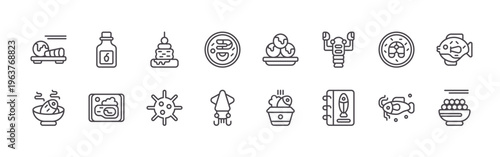 pack of 16 clean thin line seafood icons including sashimi, soup, sauce, cockles, tapas, sea urchin, tom yum, squid, takoyaki. editable stroke vector illustration isolated on white