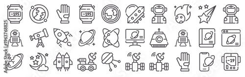 Set of 30 space outline icons including astronaut, rocket, satellite, , telescope, planet, capsule, cryogenic, lander, comet. Thin line vector collection