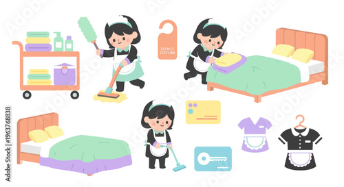 Cute Maid Service Cleaning Hotel Room Vector Art