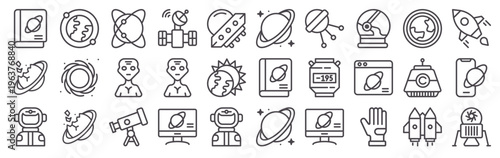 Set of 30 space exploration thin line icons including astronaut, satellite, rocket, planet, alien, telescope, black hole, UFO, spacecraft and astronomy elements