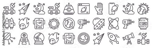 Set of 30 space exploration clean thin line vector icons including , comet, satellite, ufo, lander, rocket, planet earth, telescope, astronaut helmet