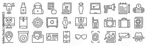 Set of 30 spy and surveillance clean thin line vector icons including drone, ID card, smartphone, keypad, walkie talkie, briefcase, webcam, and security elements