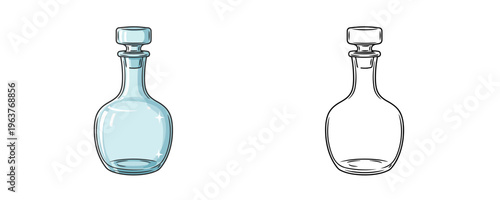 Cartoon glass decanter bottle in color and black line art styles showing transparent empty vessel with stopper for drinks on white background
