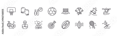 pack of 16 clean thin line sport equipment icons including actli#005 basketball hoop, fubhd#043 fitness bike, p0gjf#032 boxing gloves, xx3et#013 coach, mlrd8#006 bowling, chaty#039 meditation,