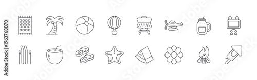 pack of 16 clean thin line summer icons including picnic blanket, ski, palm tree, coconut, beach ball, flip flop, hot air balloon, starfish, grill. editable stroke vector illustration