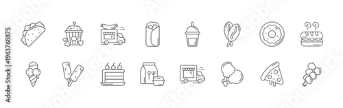 pack of 16 clean thin line street food icons including 5iy9s#003 taco, vqosj#010 ice cream, ib3kh#005 popcorn, pu0kk#008 ice lolly, dtvqz#019 food truck, plw0x#023 cake, jktss#016