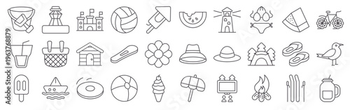 Set of 30 summer vacation thin line vector icons including beach ball, ice cream cone, flip flop, volleyball, suroard, watermelon, tropical elements
