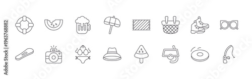 pack of 16 clean thin line summer icons including lifebouy, suroard, watermelon, camera, beer, bikini, beach umbrella, straw hat, beach towel. editable stroke vector illustration isolated on