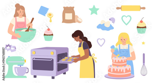 Flat illustration of baking elements and people, food industry
