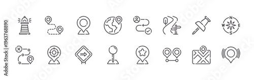 pack of 16 clean thin line tracking app icons including beacon, waypoint, tracker, target, location pin, right arrow, destination, marker, journey. editable stroke vector illustration isolated