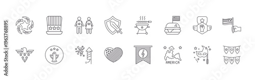 pack of 16 clean thin line usa independence day icons including 8jn65#042 stars and stripes, svasm#002 american eagle, pjtun#043 uncle sam, g6qtz#004 bald eagle, aaien#009 family,