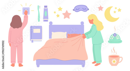 Flat Illustration of Bedtime Routine, Girls Preparing for Sleep