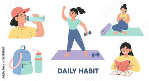 Flat vector illustration of daily habits: exercise, reading, hydration, relaxation